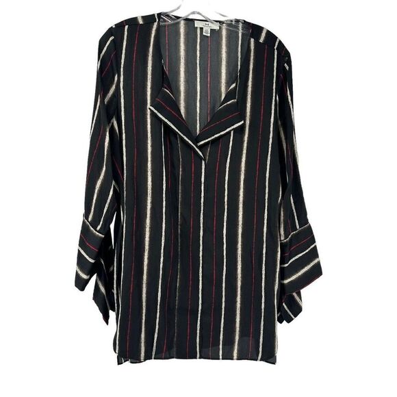 H by Halston Blouse Black Striped V Neck Long Sleeve Flare Cuffs Size L Silky - Picture 1 of 10
